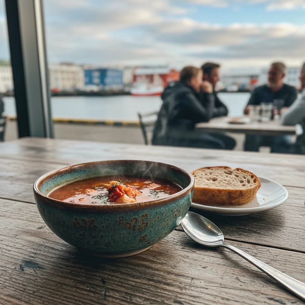 Frische Langoustine-Suppe in einer Keramikschale in einem Restaurant am Hafen von Reykjavík