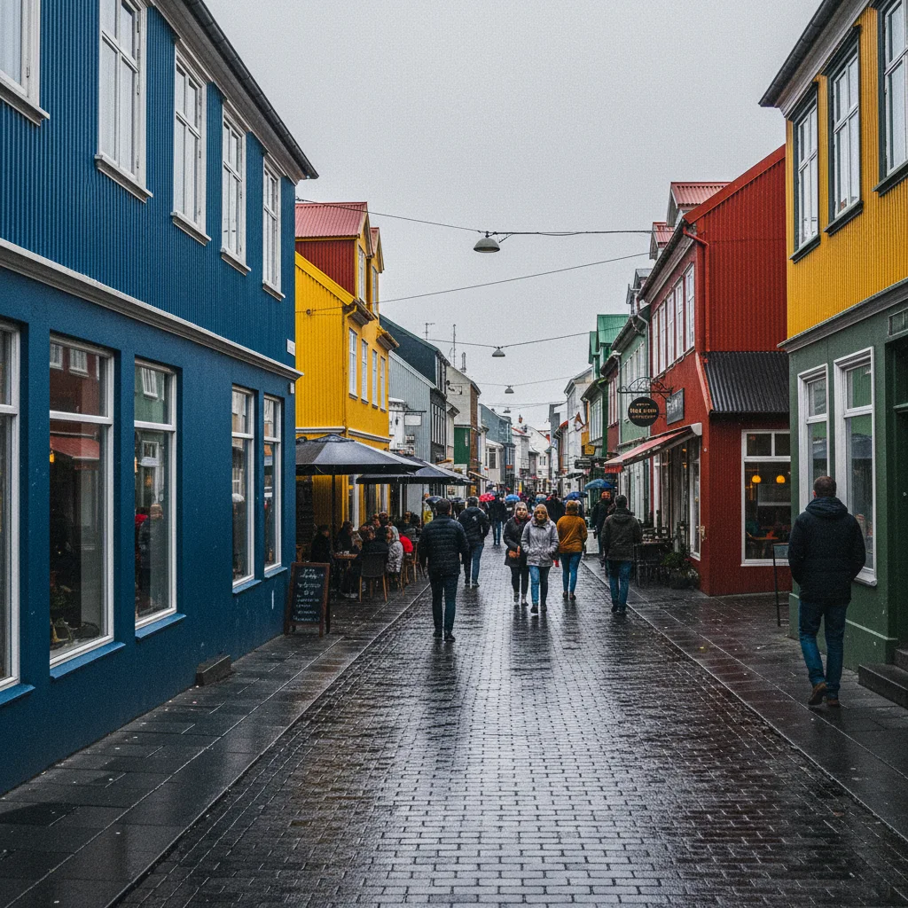 Bunte Häuser und Restaurants in der Laugavegur-Straße in Reykjavík