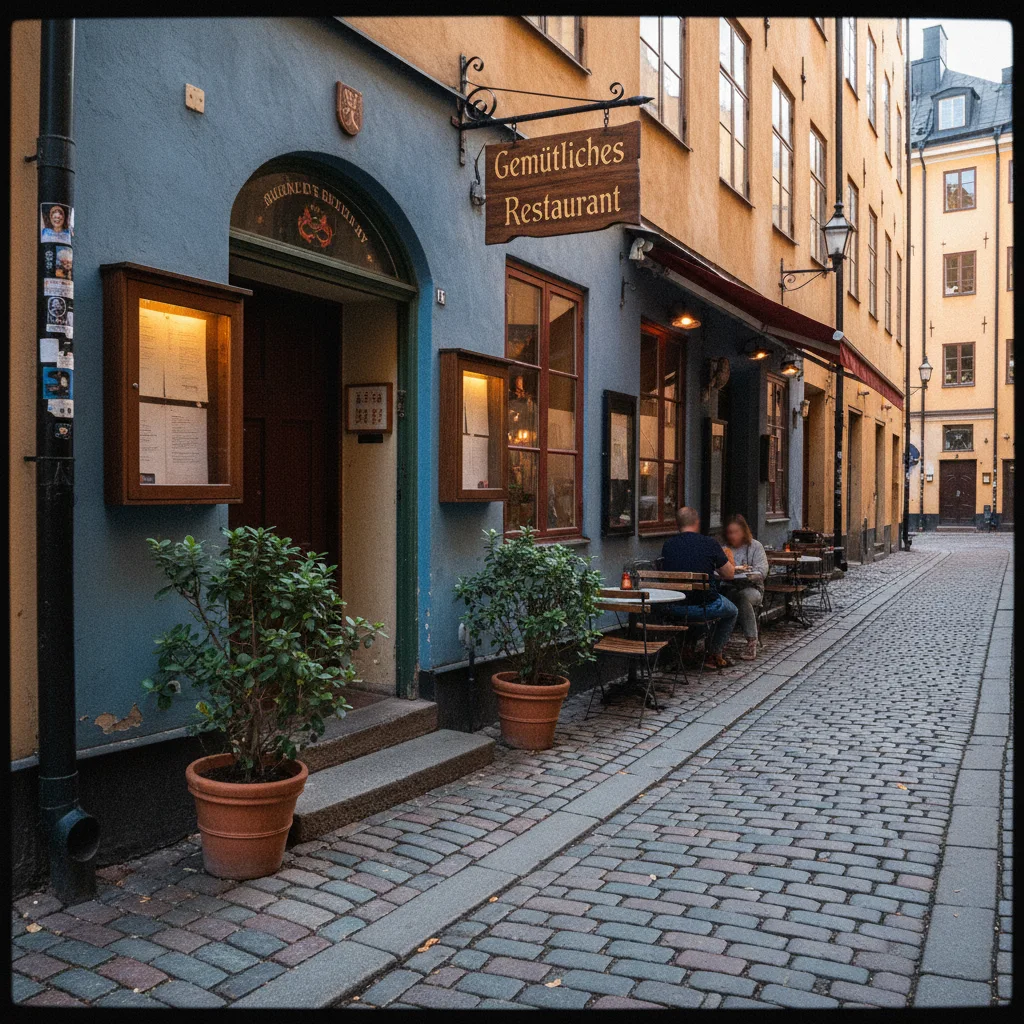 Gemütliches Restaurant in einer Gasse von Gamla Stan Stockholm mit Kopfsteinpflaster