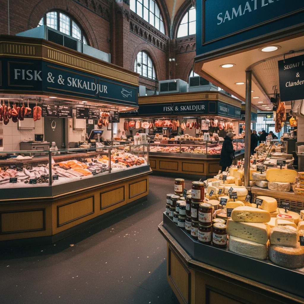 Östermalms Saluhall in Stockholm mit Ständen voller Fisch, Käse und schwedischer Delikatessen