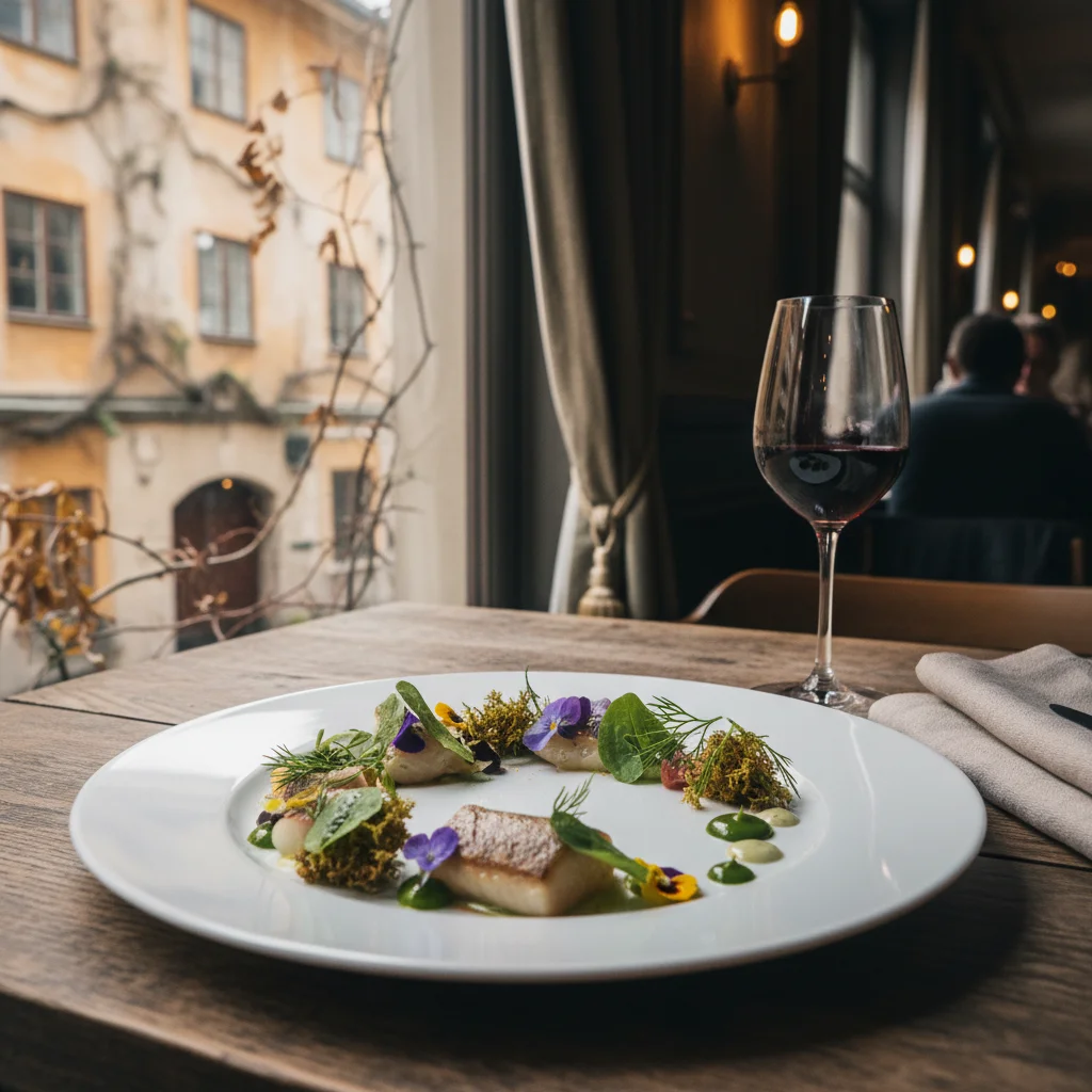 Elegant angerichteter Teller in einem Stockholmer Fine-Dining-Restaurant mit nordischen Zutaten