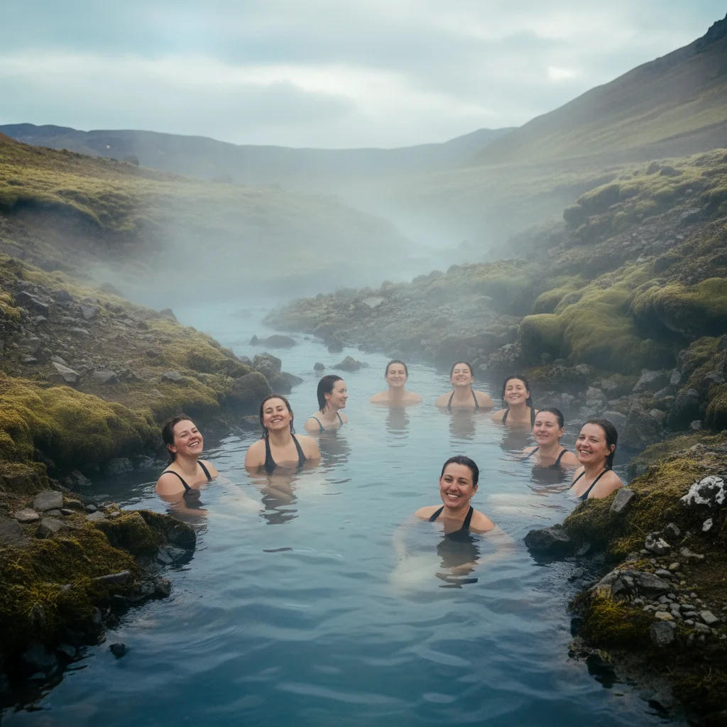 Menschen baden im warmen Fluss von Reykjadalur umgeben von dampfenden Ufern