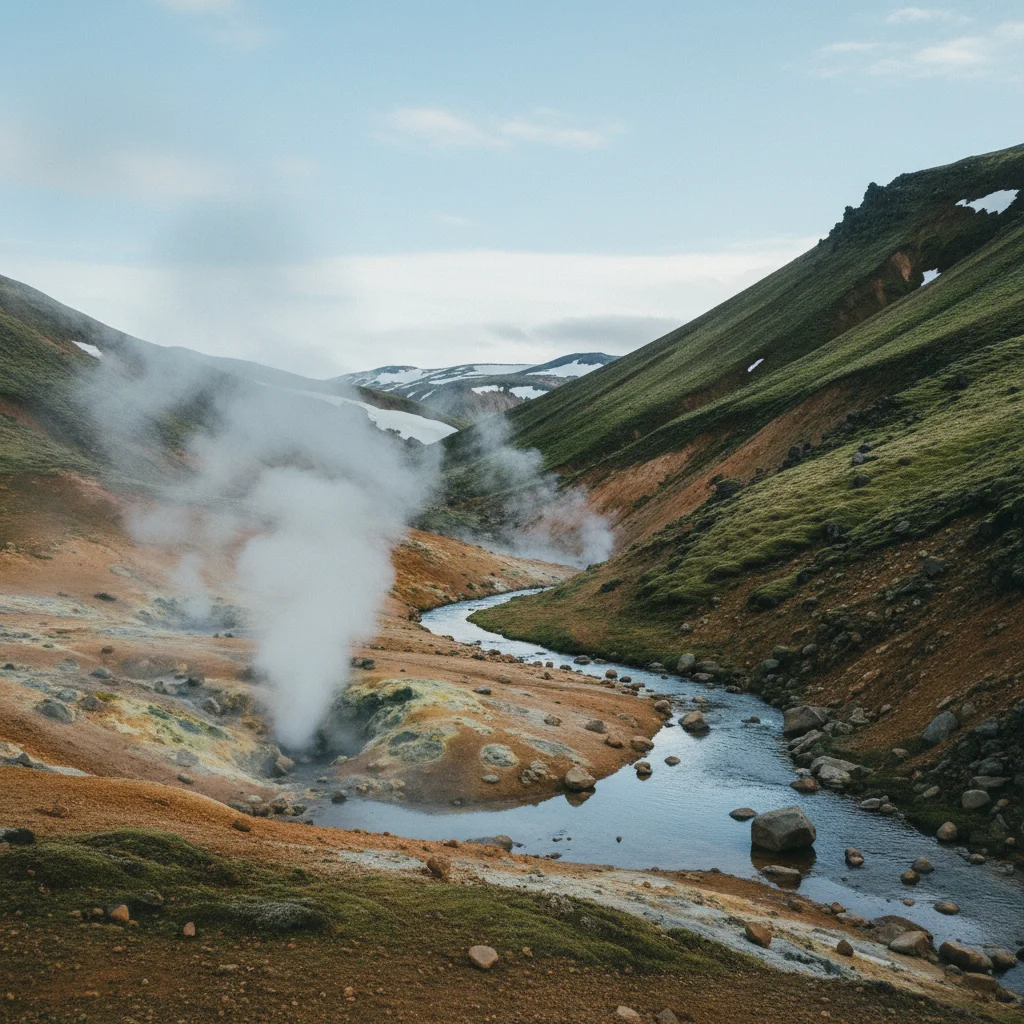 Aufsteigender Dampf aus geothermalen Quellen im Reykjadalur-Tal