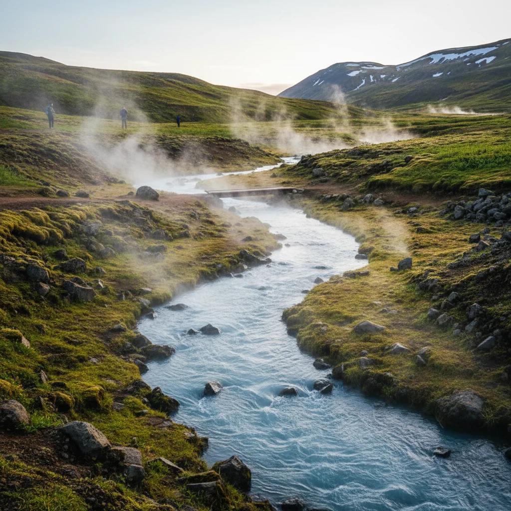 Der warme Fluss im Reykjadalur-Tal mit dampfendem Wasser und grünen Ufern