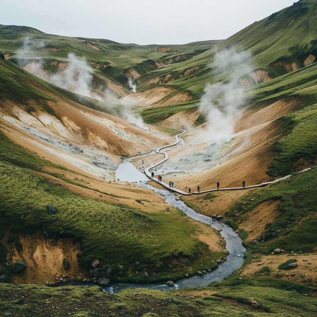 Panorama des Reykjadalur-Tals mit dampfenden Hängen und grüner Vegetation
