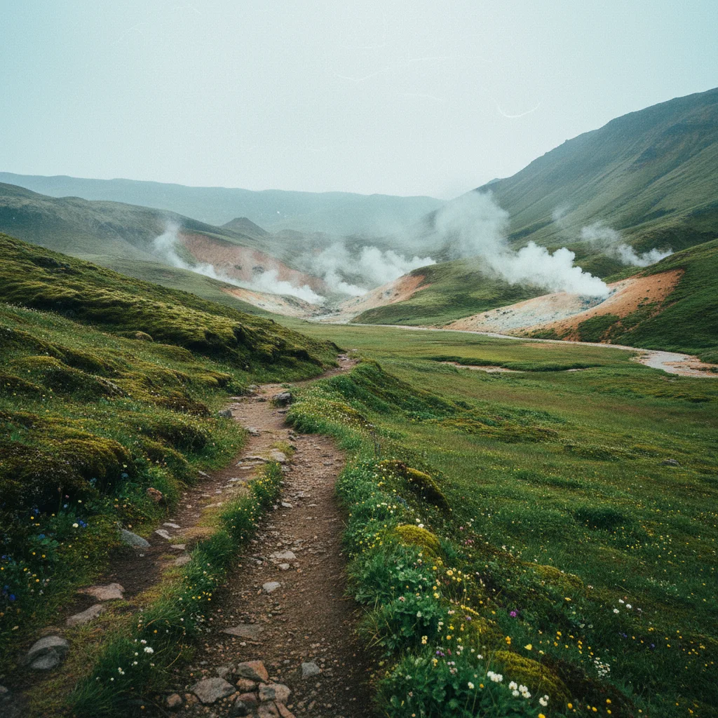 Wanderweg durch das grüne Reykjadalur-Tal mit dampfenden Hügeln im Hintergrund
