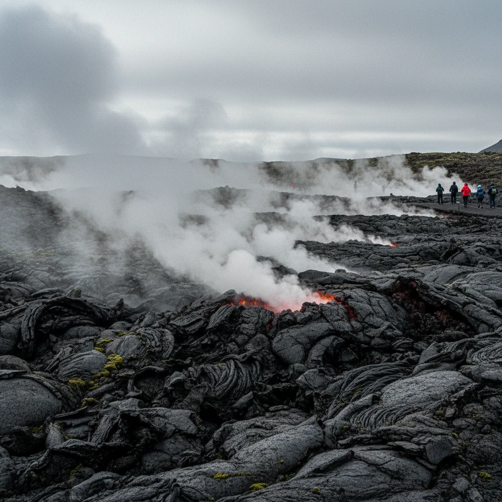 Dampfende Lavafelder auf der Reykjanes-Halbinsel bei Keflavík