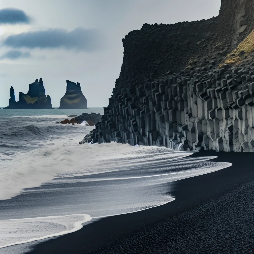 Basaltsäulen und schwarzer Sand am Reynisfjara Strand bei Vík