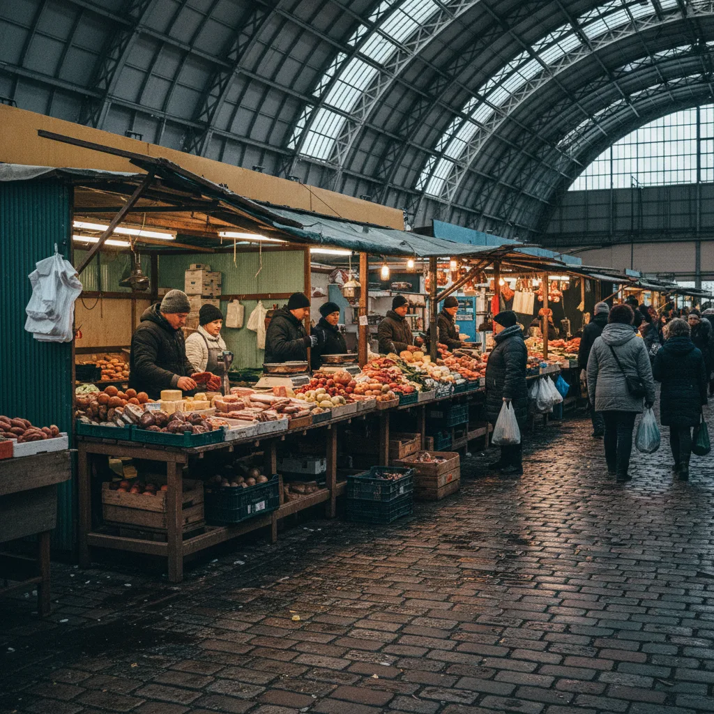 Marktstände im Rigaer Zentralmarkt in einer der Zeppelinhallen