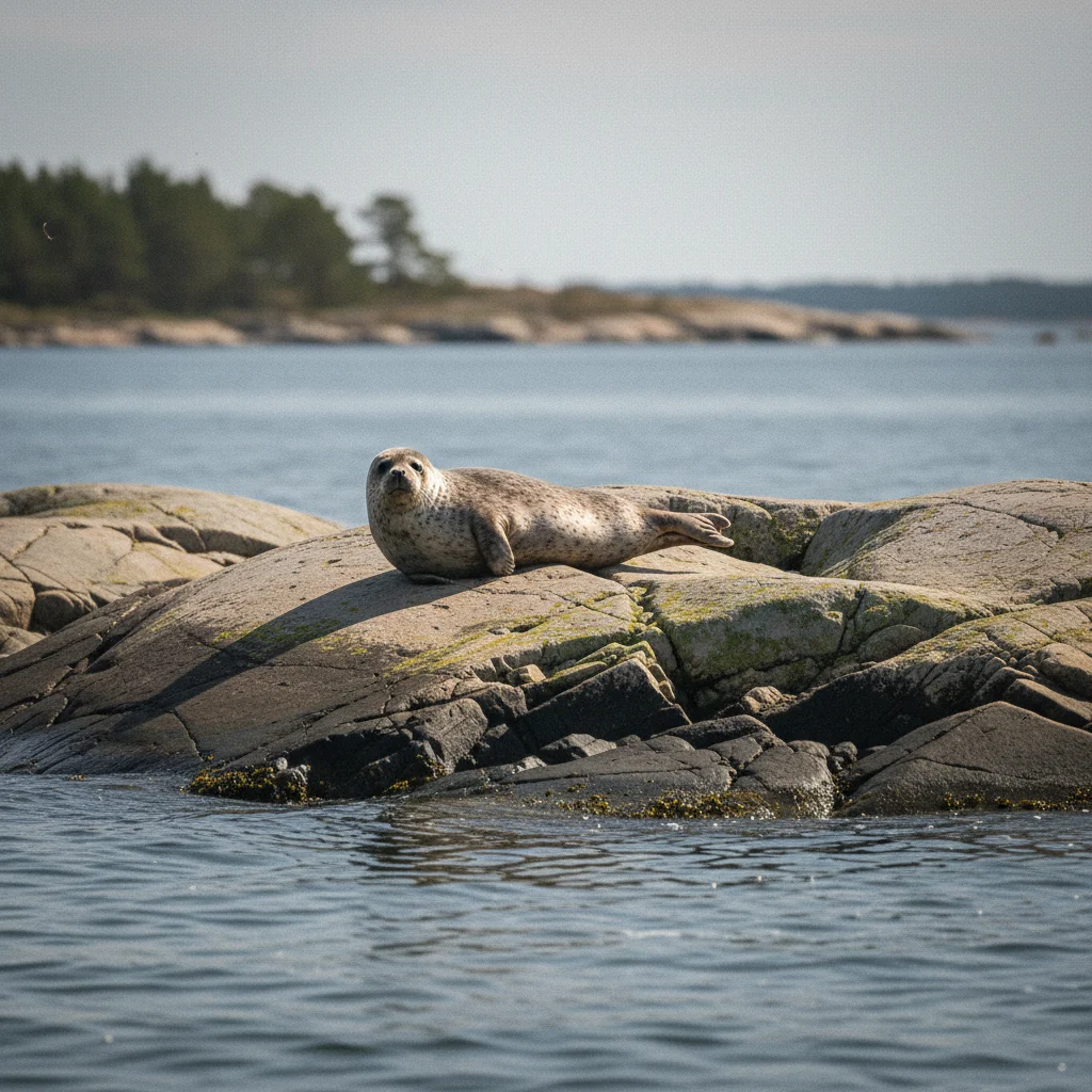 Saimaa-Ringelrobbe ruht auf einem Felsen im Sonnenlicht