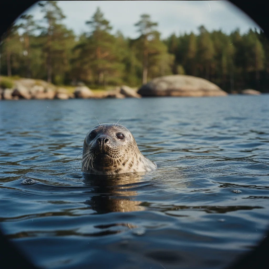 Saimaa-Ringelrobbe schwimmt im klaren Wasser des Saimaa