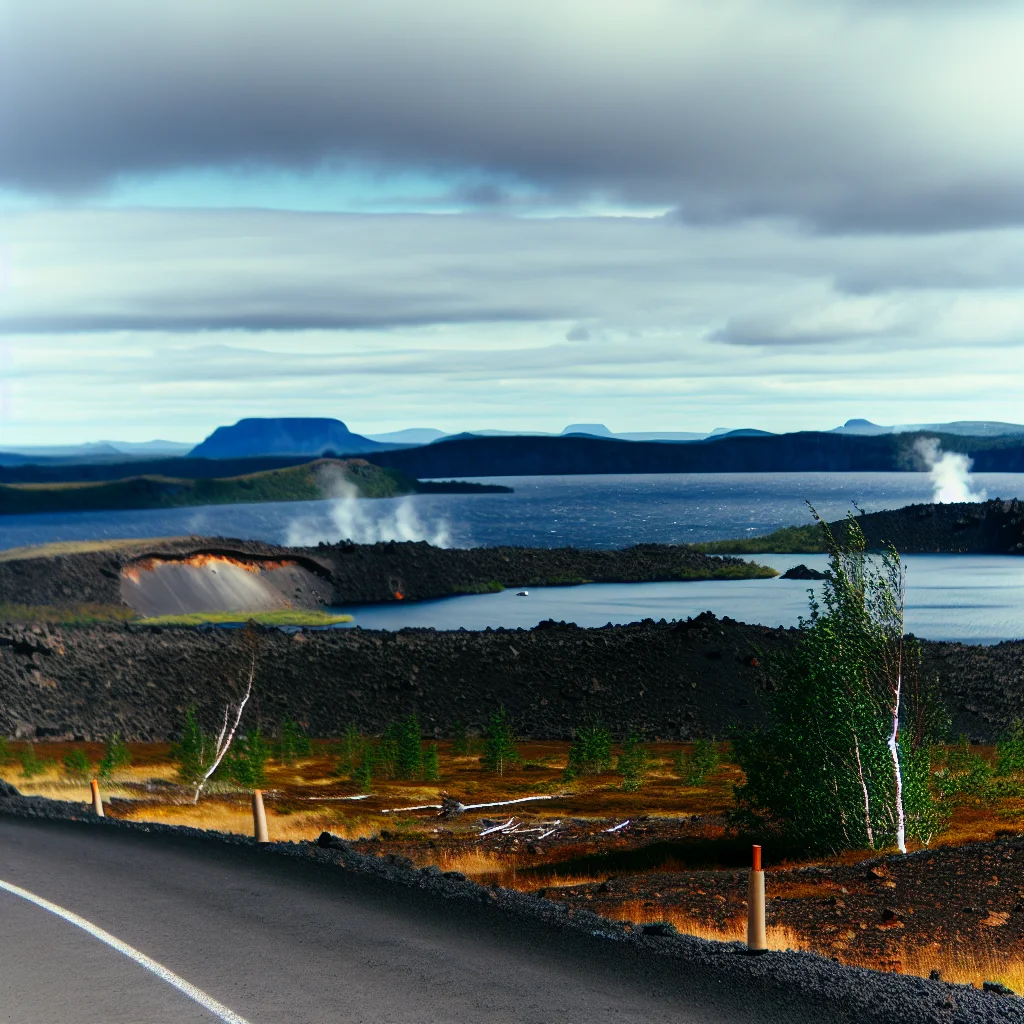 Blick über den Mývatn-See mit seinen Pseudokratern und der umliegenden Lavalandschaft