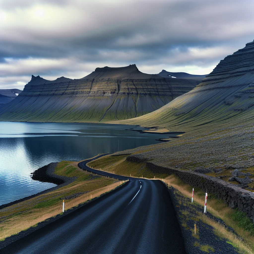 Kurvige Straße durch die Ostfjorde Islands mit Blick auf einen Fjord