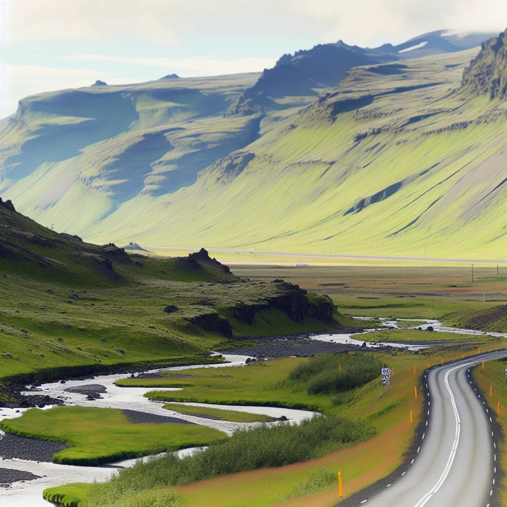Panoramablick auf die Ringstraße Route 1 in Island mit Bergen und grüner Landschaft