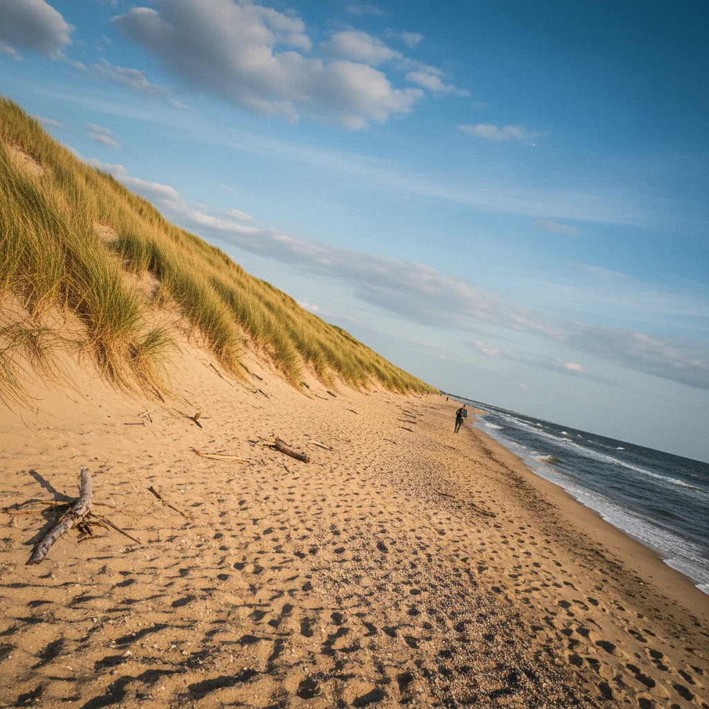 Strand an der dänischen Küste mit Dünen und blauem Himmel