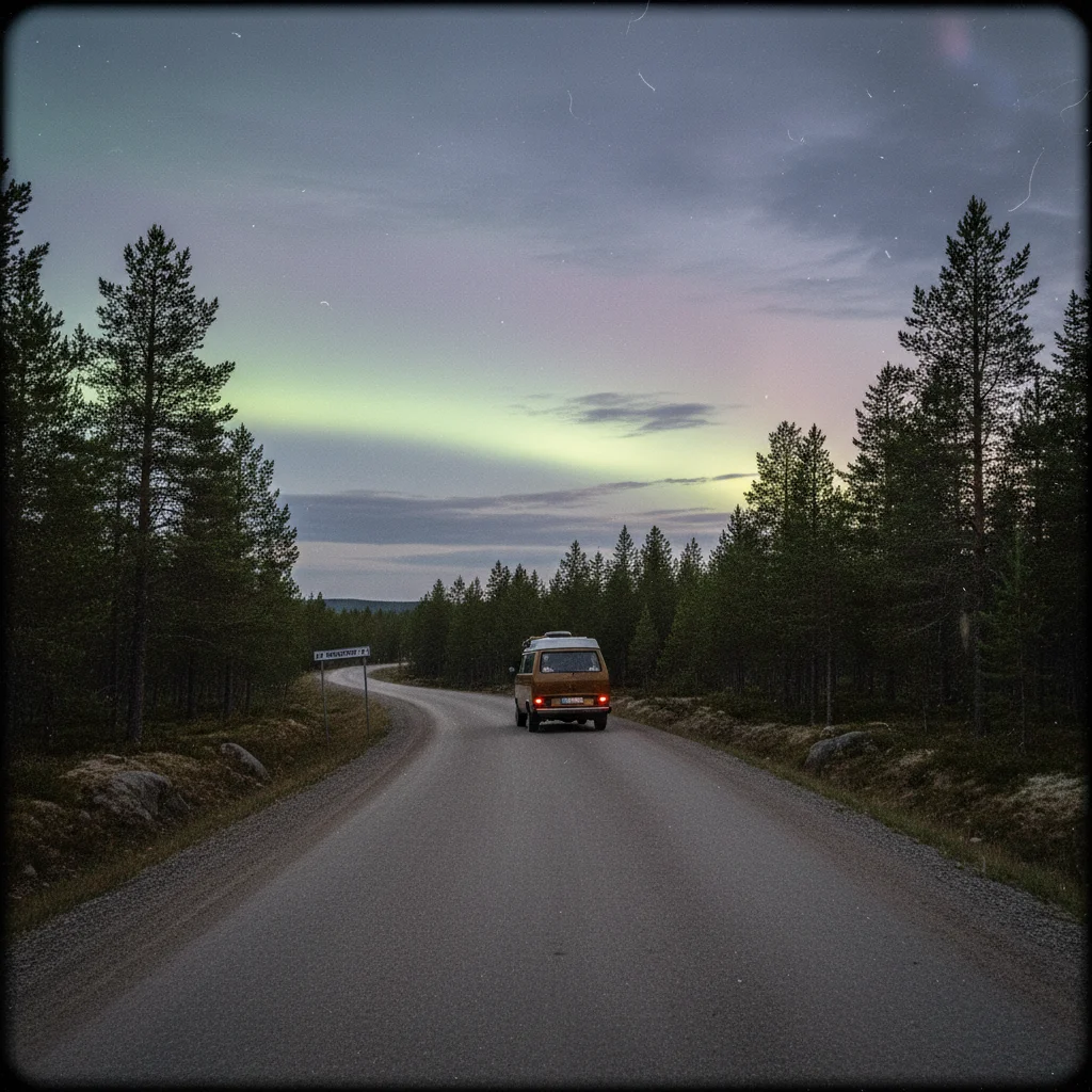 Nordlicht über der Straße in Finnisch-Lappland