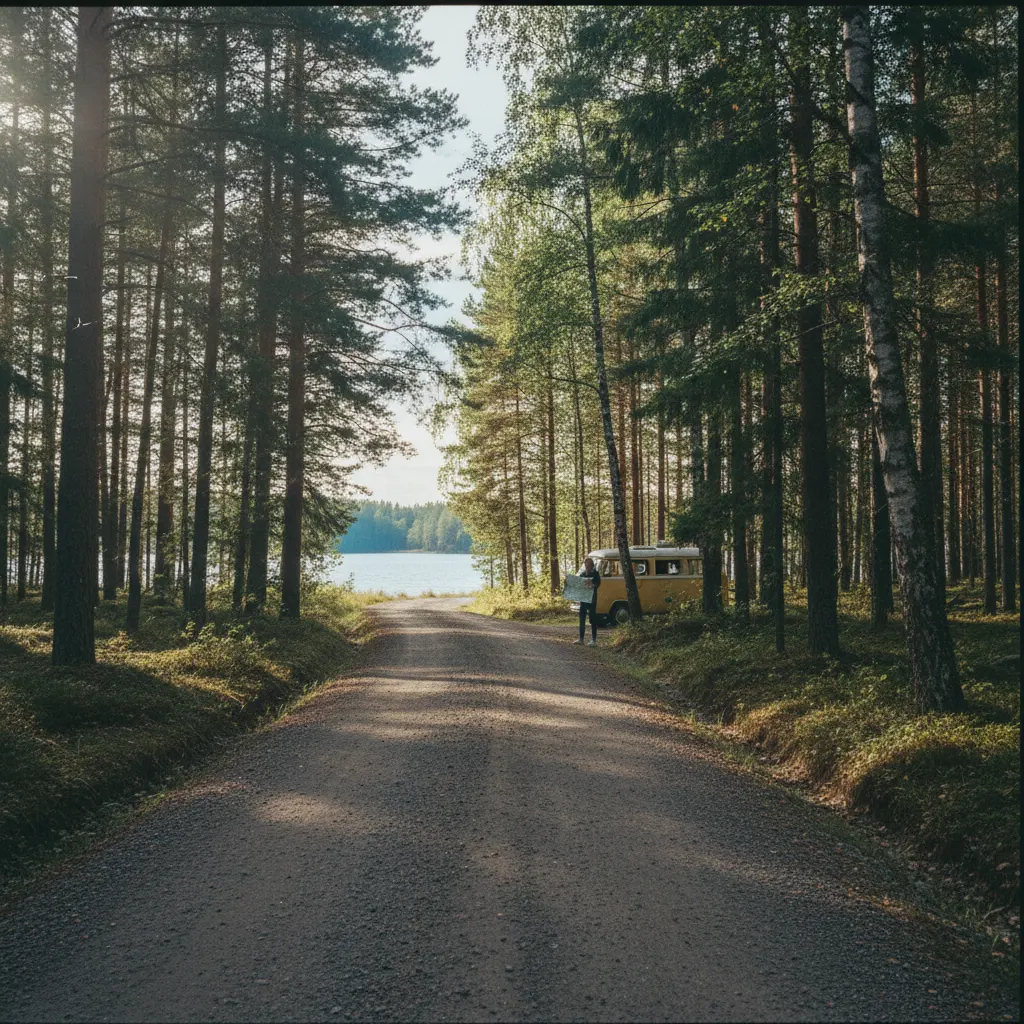 Straße durch die finnische Seenplatte mit Seen und Wäldern