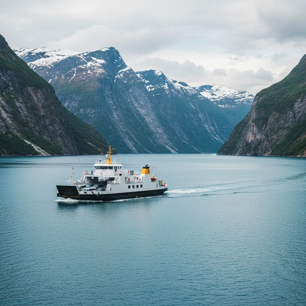 Autofähre auf einem norwegischen Fjord mit Bergen im Hintergrund