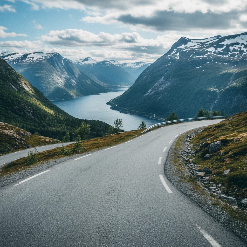 Panoramastraße in Norwegen mit weitem Blick über Berge und Fjord