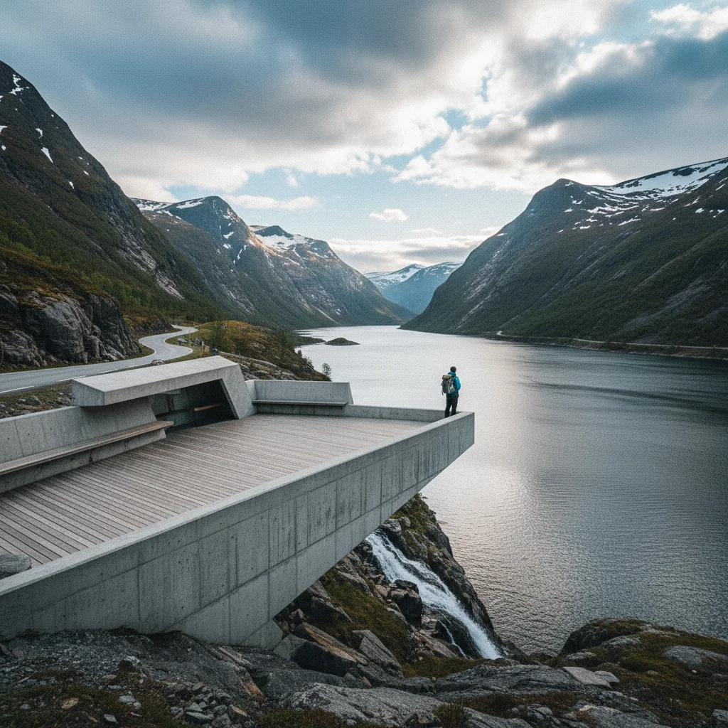 Architektonisch gestalteter Rastplatz an einer norwegischen Landschaftsroute
