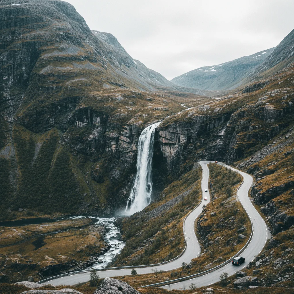Trollstigen Bergstraße mit Serpentinen und Wasserfall