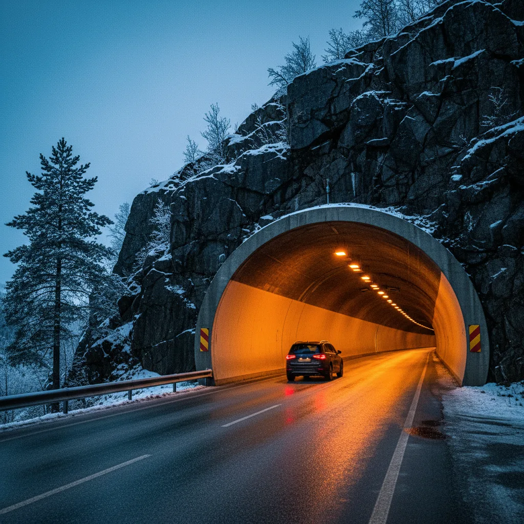 Einfahrt in einen beleuchteten norwegischen Straßentunnel
