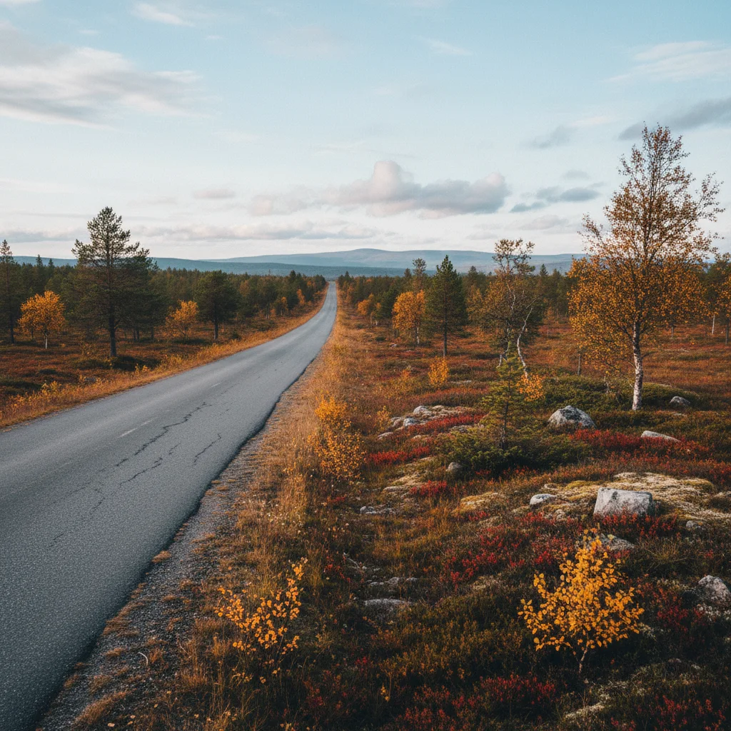 Einsame Straße durch die schwedische Lappland-Landschaft im Herbst