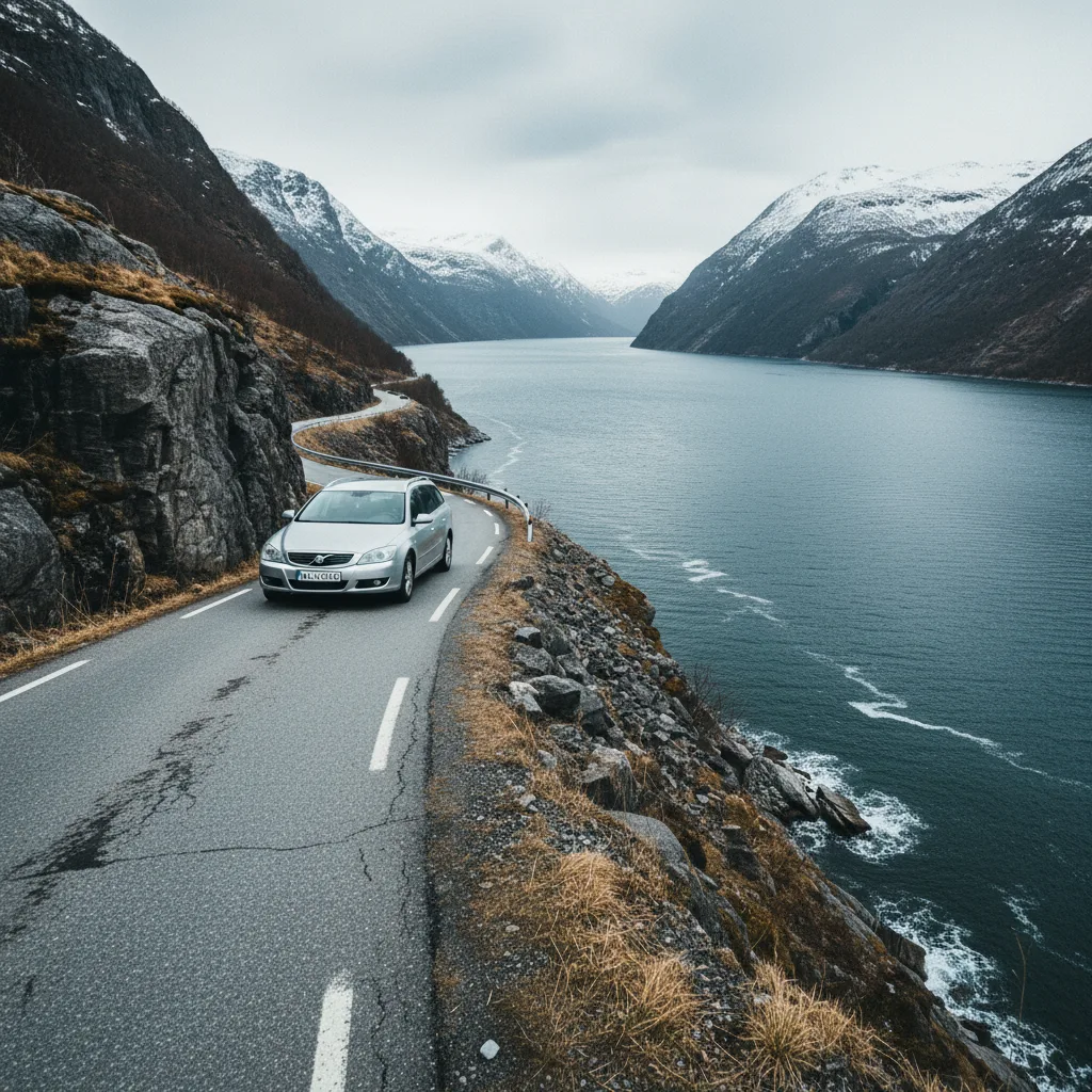 Auto auf einer norwegischen Panoramastraße entlang eines Fjords