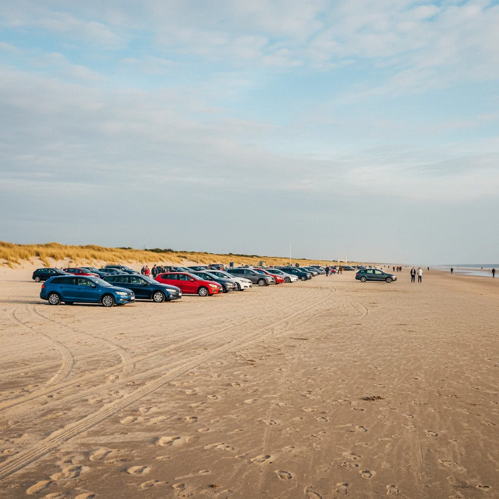 Autos am breiten Sandstrand von Lakolk auf Rømø
