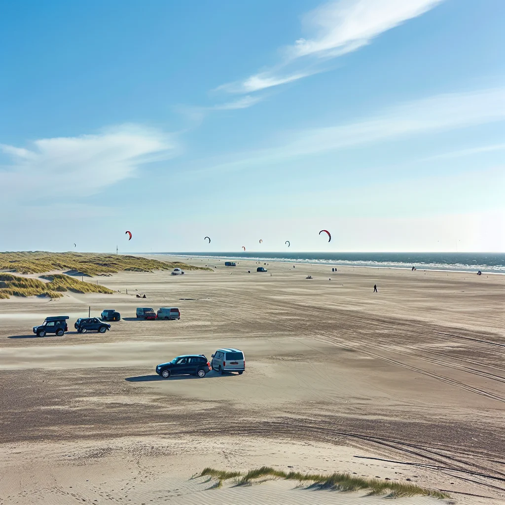Breiter Sandstrand auf Rømø mit Autos auf dem Strand