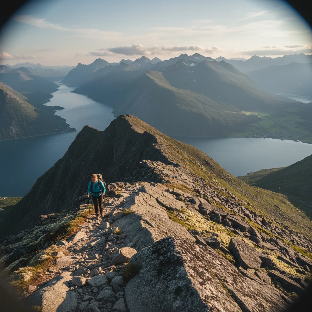 Wanderer auf dem steilen Aufstieg zum Romsdalseggen-Grat