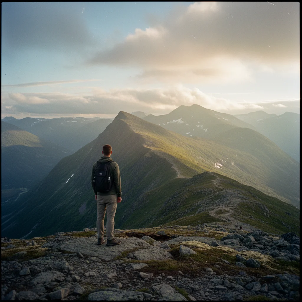 Der schmale Grat des Romsdalseggen mit Tiefblick ins Romsdal