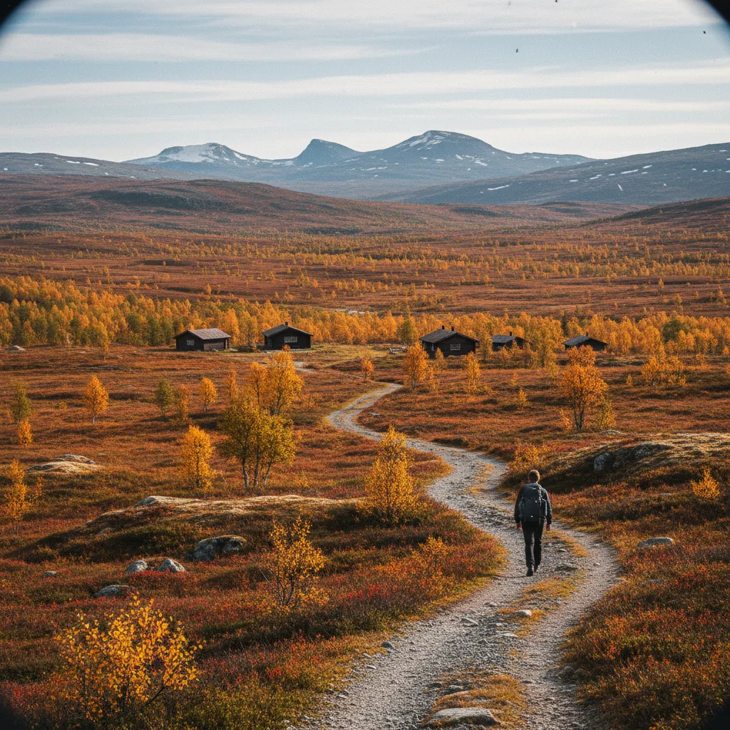 Herbstfarben in der Rondane mit goldenen und roten Tönen in der Berglandschaft