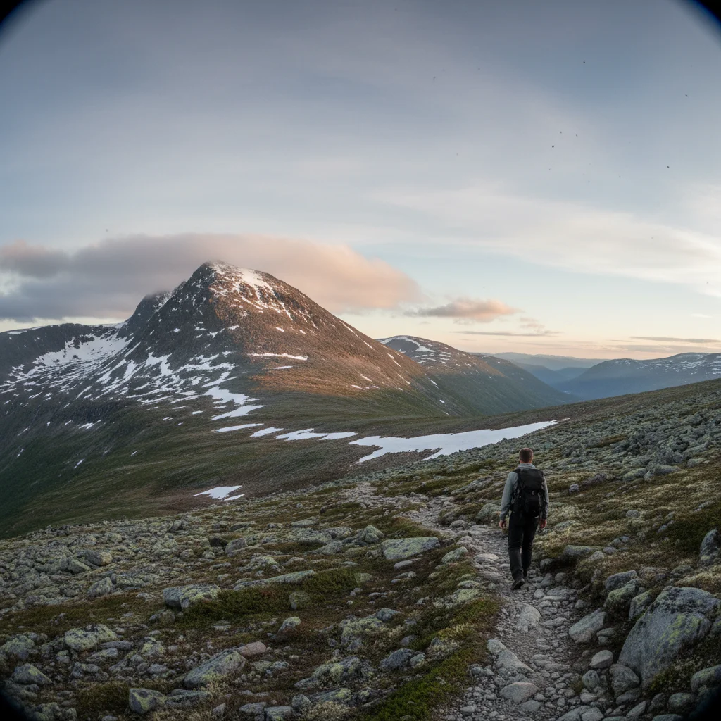 Blick auf die runden Gipfel des Rondane-Massivs bei klarem Wetter mit Schneeresten