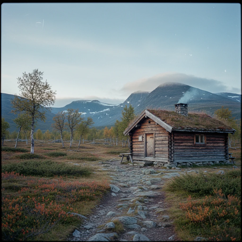 Eine DNT-Berghütte im Rondane-Nationalpark mit Gipfeln im Hintergrund