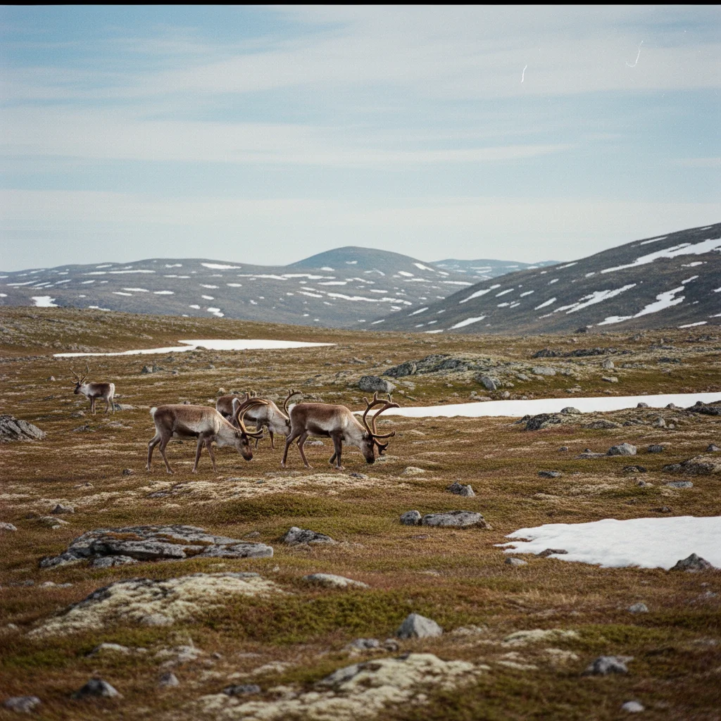 Herde von wilden Rentieren auf der Hochebene des Rondane-Nationalparks