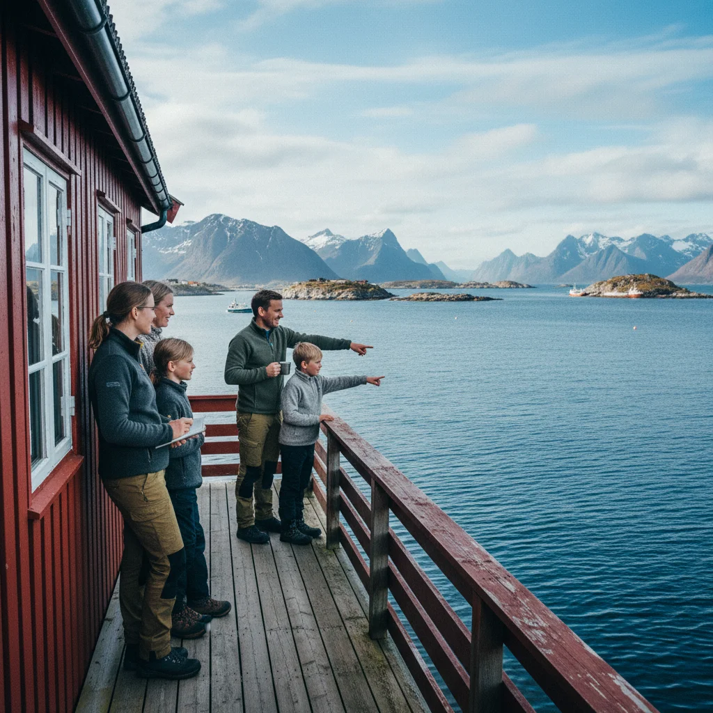 Familie auf der Terrasse einer Rorbu mit Meerblick