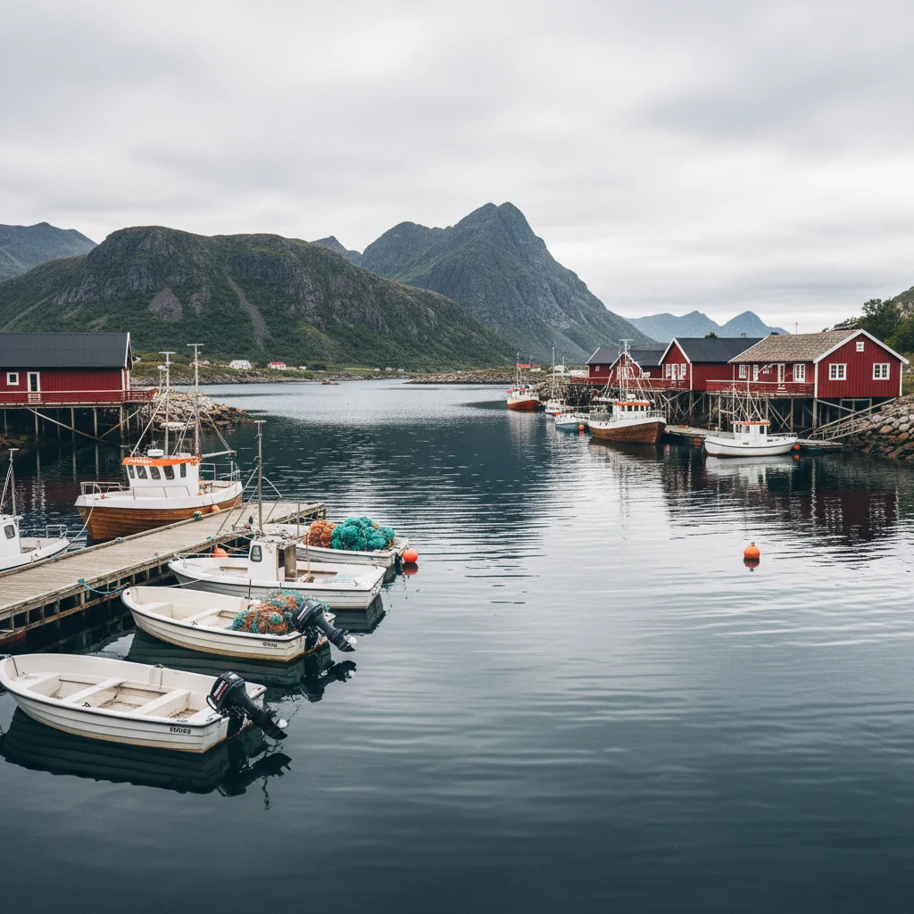 Rorbuer an einem norwegischen Hafen mit Fischerbooten