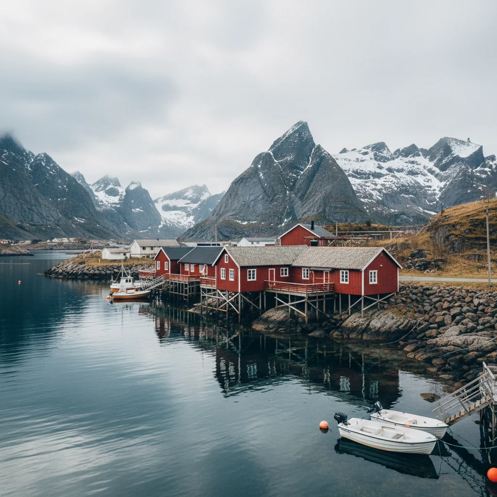 Rote Rorbuer am Hafen auf den Lofoten