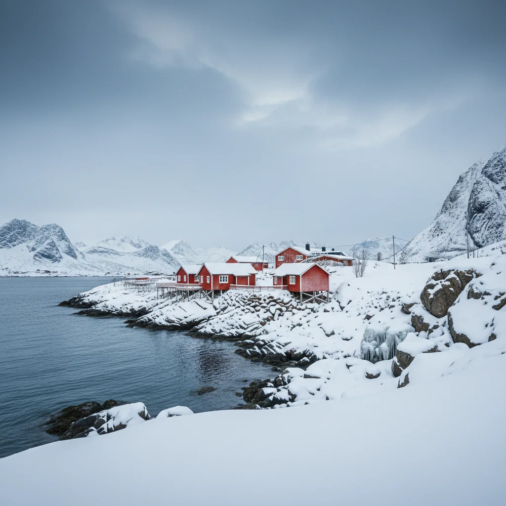 Verschneite Rorbu im norwegischen Winter