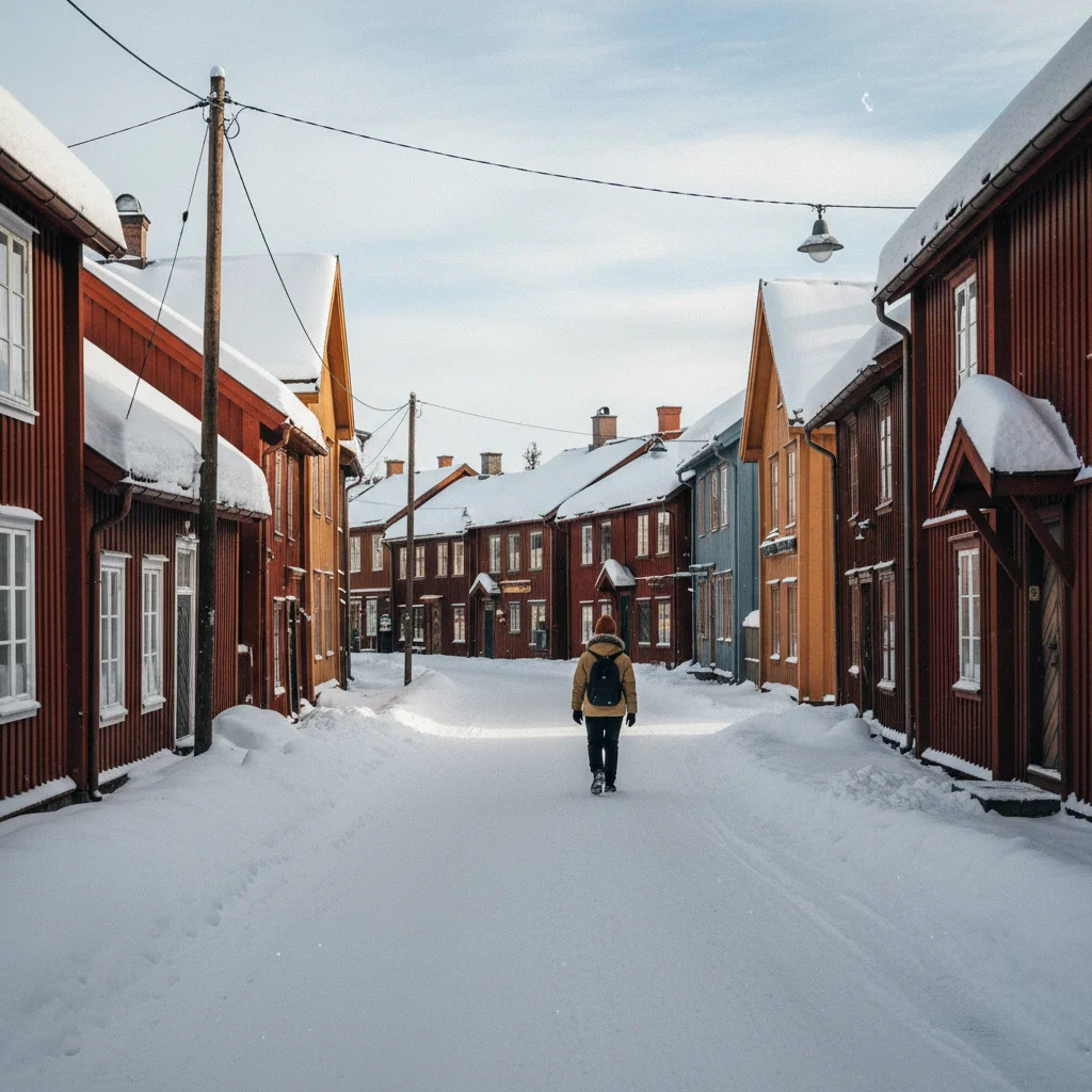 Verschneite Gasse in Røros mit dunklen Holzhäusern und Laternen