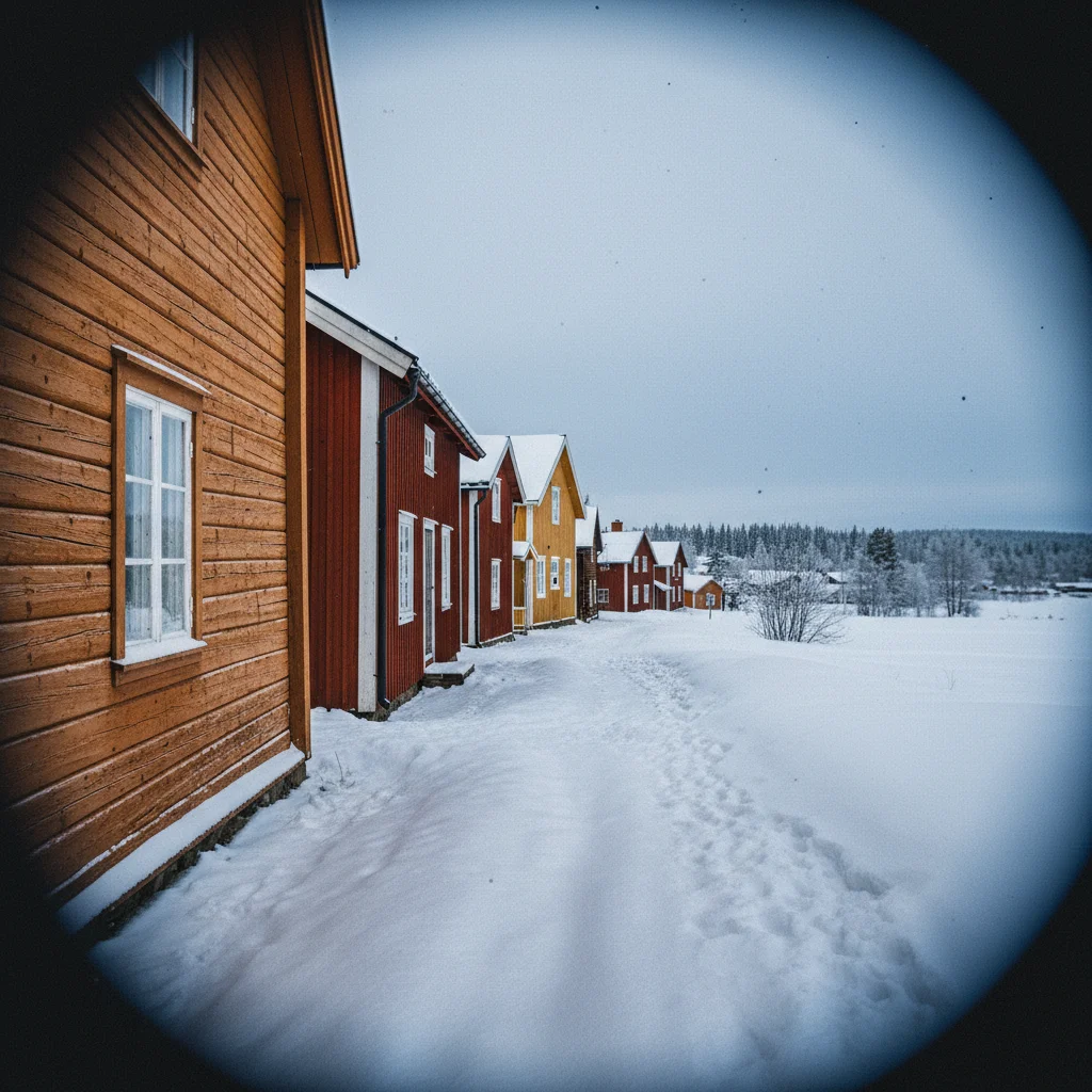 Historische dunkle Holzhäuser in der Altstadt von Røros im Schnee