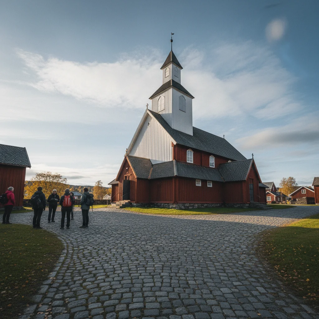 Die achteckige Røros-Kirche im Schnee mit der Altstadt im Hintergrund