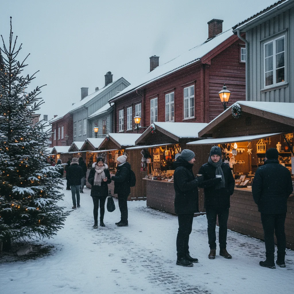 Weihnachtsmarkt in Røros mit historischen Holzhäusern und Schnee