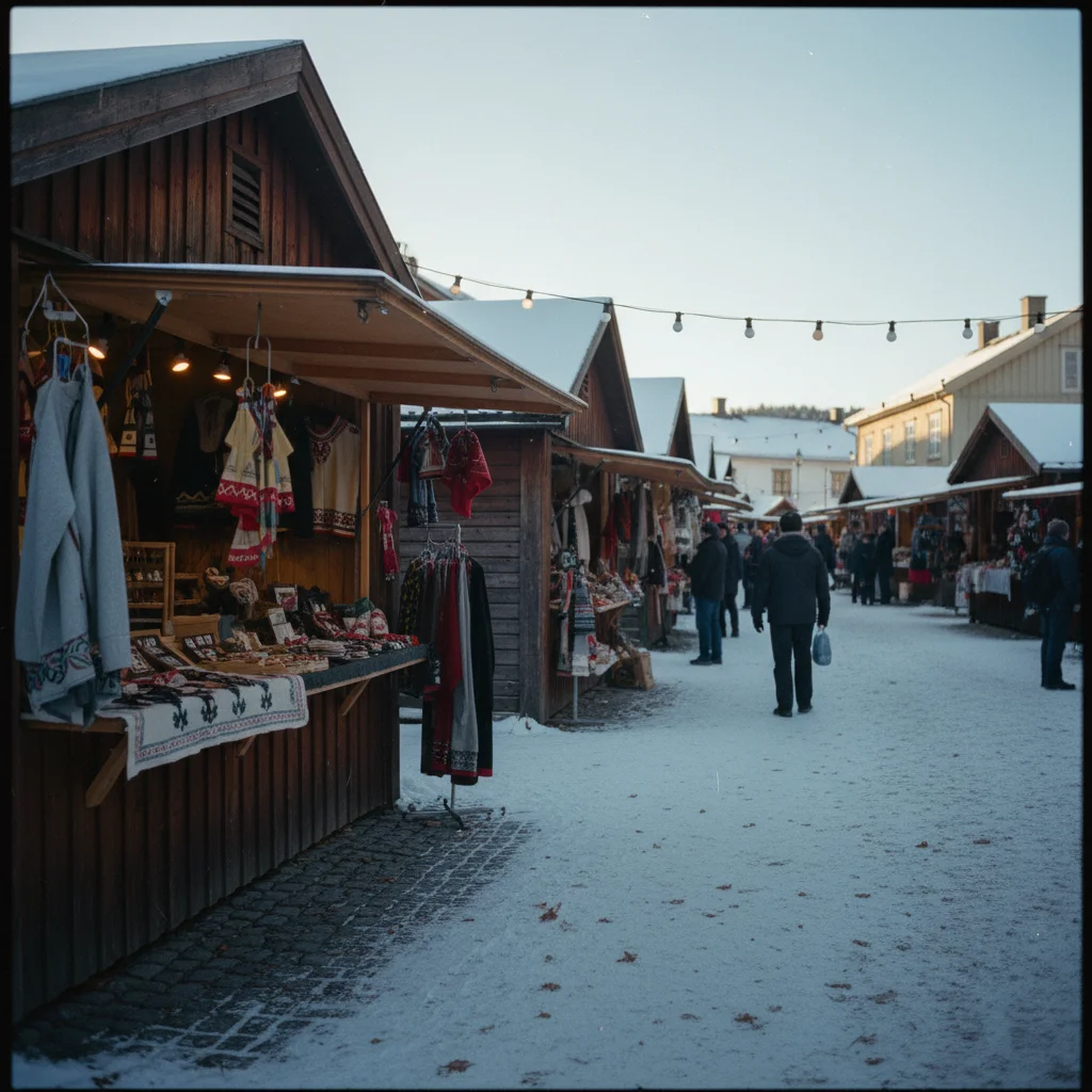 Marktstände auf dem Rørosmartnan Wintermarkt vor historischen Holzhäusern