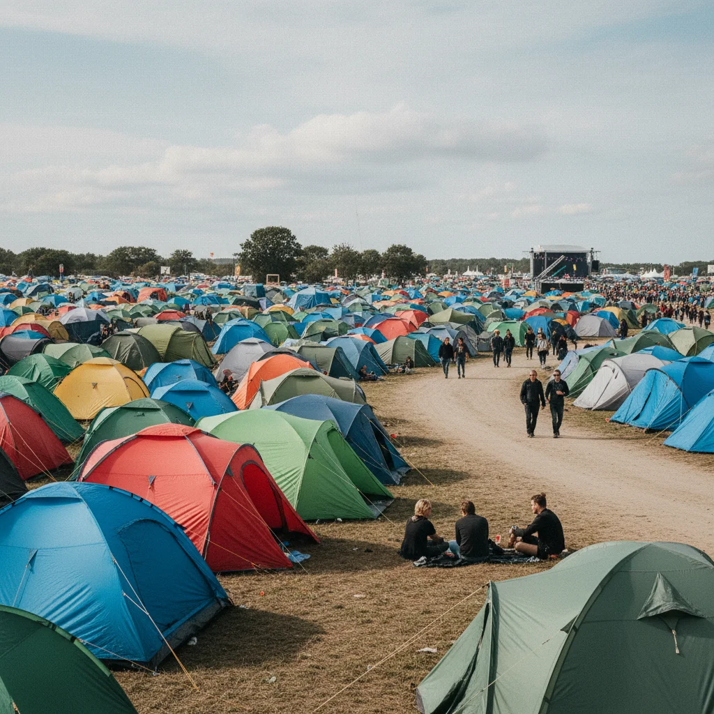 Bunte Zelte auf dem Campinggelände des Roskilde Festivals