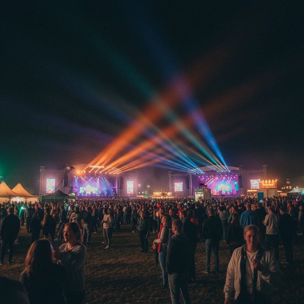 Roskilde Festival bei Nacht mit beleuchteten Bühnen und Menschenmassen