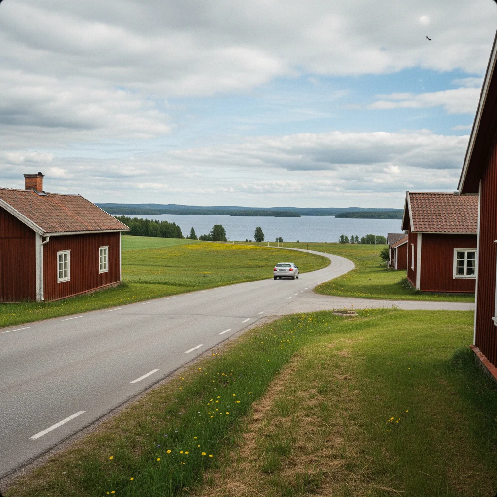Rotes Holzhaus am See in Dalarna mit Birken und Morgennebel