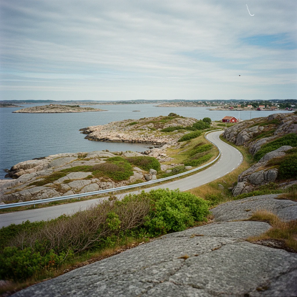Schwedische Küstenstraße entlang der Westküste mit Blick auf Felsinseln und blaues Meer