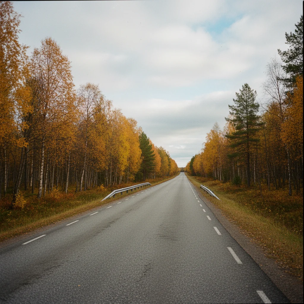 Einsame Straße durch die Wildnis Lapplands mit Birken, Bergen und endloser Weite